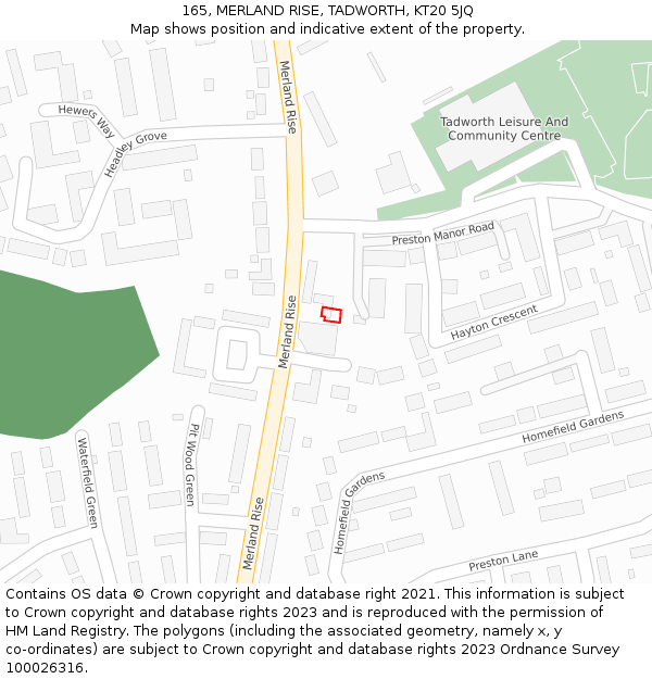 165, MERLAND RISE, TADWORTH, KT20 5JQ: Location map and indicative extent of plot