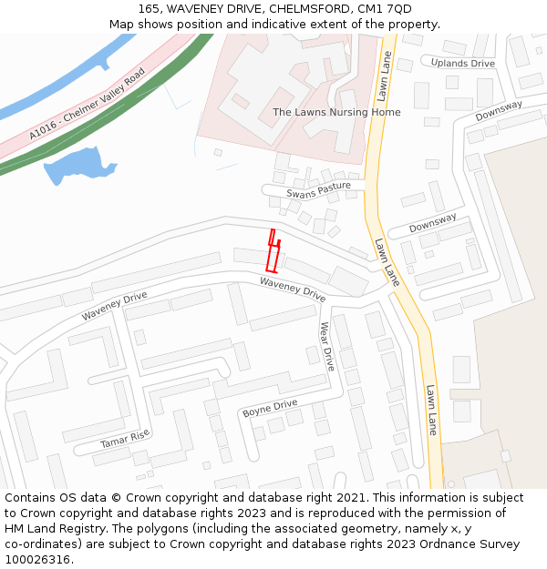 165, WAVENEY DRIVE, CHELMSFORD, CM1 7QD: Location map and indicative extent of plot