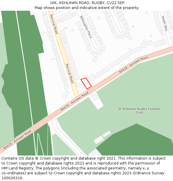 166, ASHLAWN ROAD, RUGBY, CV22 5EP: Location map and indicative extent of plot