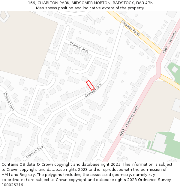 166, CHARLTON PARK, MIDSOMER NORTON, RADSTOCK, BA3 4BN: Location map and indicative extent of plot