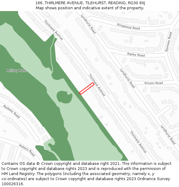 166, THIRLMERE AVENUE, TILEHURST, READING, RG30 6XJ: Location map and indicative extent of plot
