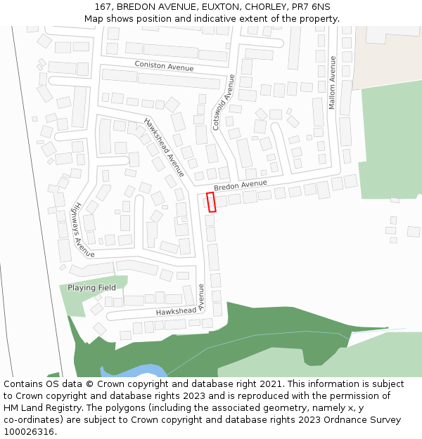 167, BREDON AVENUE, EUXTON, CHORLEY, PR7 6NS: Location map and indicative extent of plot