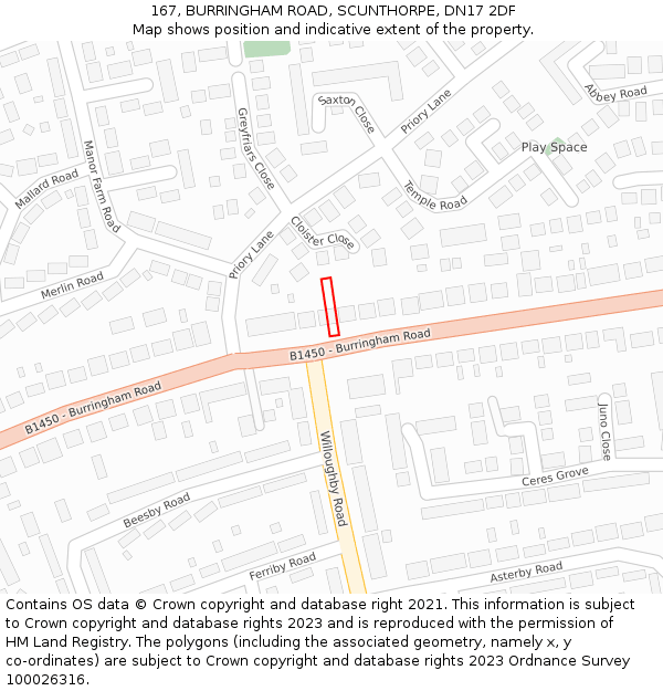 167, BURRINGHAM ROAD, SCUNTHORPE, DN17 2DF: Location map and indicative extent of plot