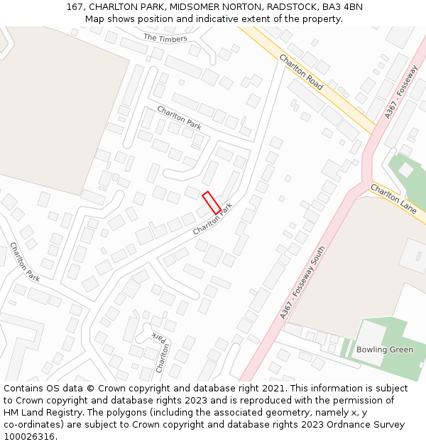 167, CHARLTON PARK, MIDSOMER NORTON, RADSTOCK, BA3 4BN: Location map and indicative extent of plot