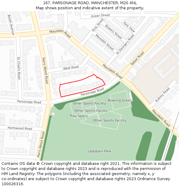 167, PARSONAGE ROAD, MANCHESTER, M20 4NL: Location map and indicative extent of plot