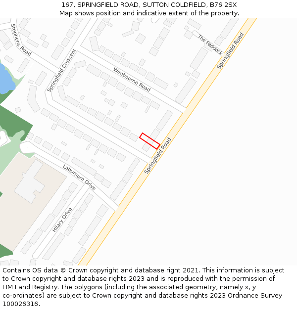 167, SPRINGFIELD ROAD, SUTTON COLDFIELD, B76 2SX: Location map and indicative extent of plot