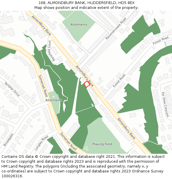 168, ALMONDBURY BANK, HUDDERSFIELD, HD5 8EX: Location map and indicative extent of plot