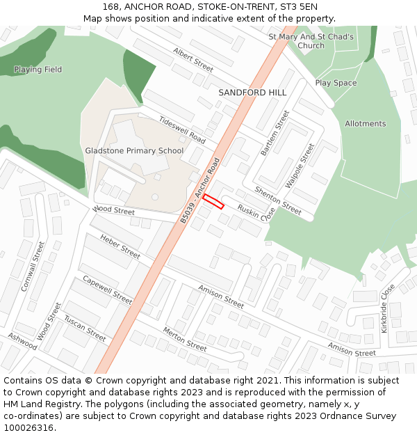 168, ANCHOR ROAD, STOKE-ON-TRENT, ST3 5EN: Location map and indicative extent of plot