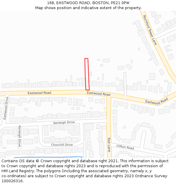 168, EASTWOOD ROAD, BOSTON, PE21 0PW: Location map and indicative extent of plot