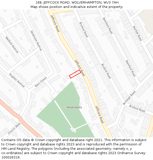 168, JEFFCOCK ROAD, WOLVERHAMPTON, WV3 7AH: Location map and indicative extent of plot