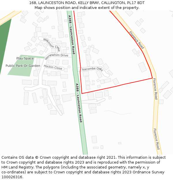 168, LAUNCESTON ROAD, KELLY BRAY, CALLINGTON, PL17 8DT: Location map and indicative extent of plot