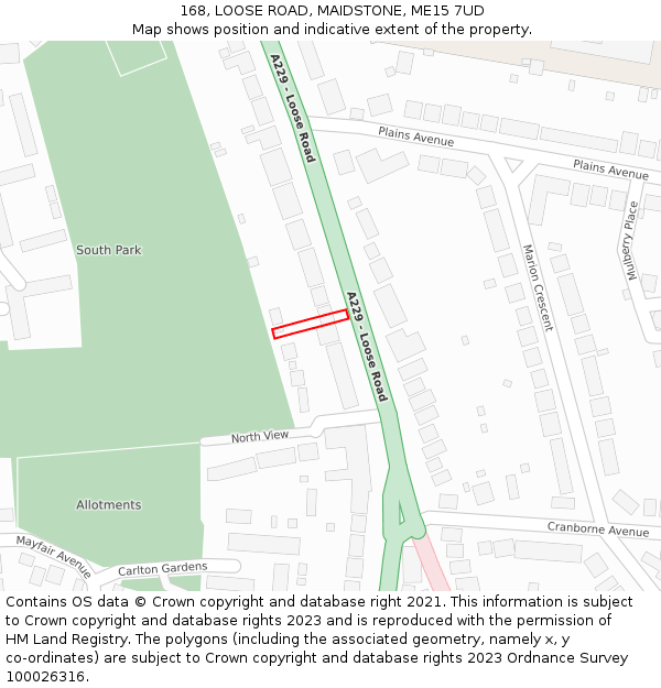 168, LOOSE ROAD, MAIDSTONE, ME15 7UD: Location map and indicative extent of plot