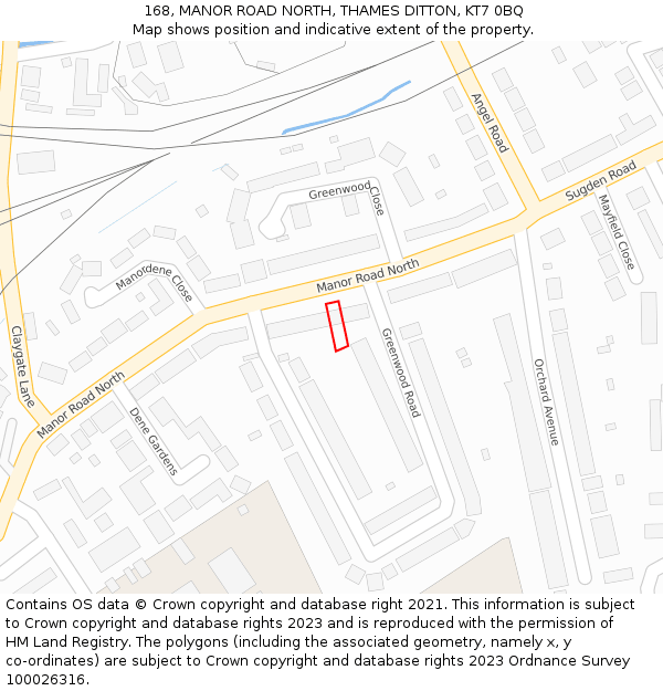 168, MANOR ROAD NORTH, THAMES DITTON, KT7 0BQ: Location map and indicative extent of plot