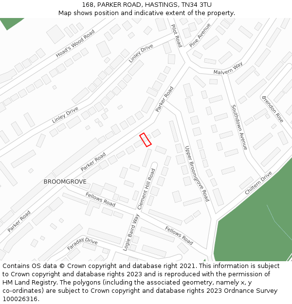 168, PARKER ROAD, HASTINGS, TN34 3TU: Location map and indicative extent of plot