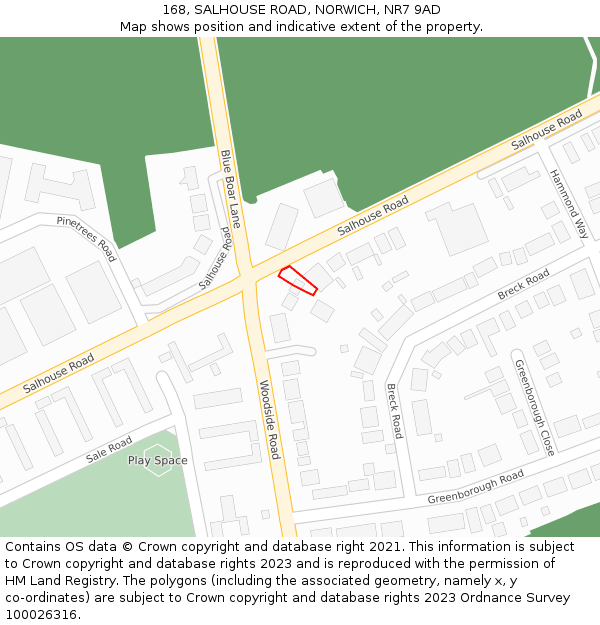 168, SALHOUSE ROAD, NORWICH, NR7 9AD: Location map and indicative extent of plot