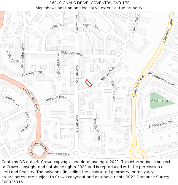 168, SIGNALS DRIVE, COVENTRY, CV3 1BF: Location map and indicative extent of plot