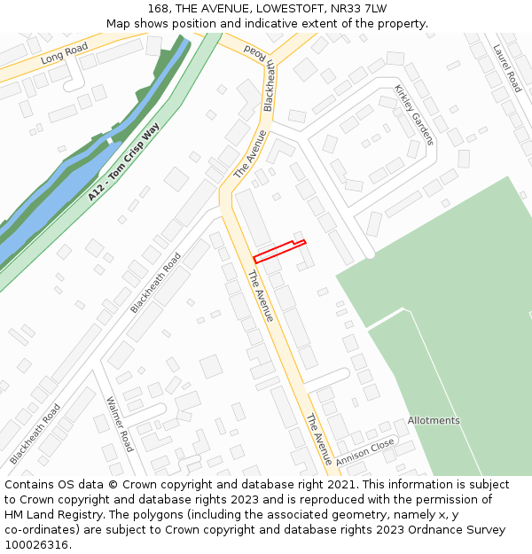 168, THE AVENUE, LOWESTOFT, NR33 7LW: Location map and indicative extent of plot