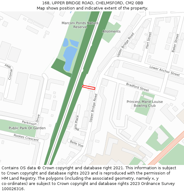 168, UPPER BRIDGE ROAD, CHELMSFORD, CM2 0BB: Location map and indicative extent of plot