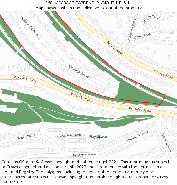 168, VICARAGE GARDENS, PLYMOUTH, PL5 1LJ: Location map and indicative extent of plot