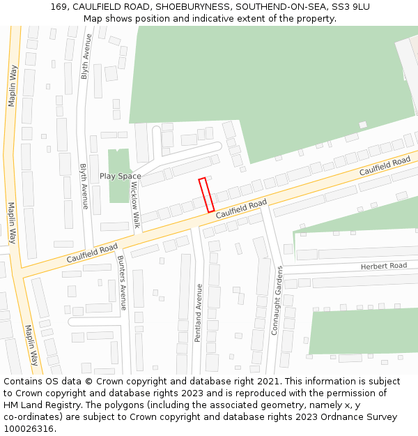 169, CAULFIELD ROAD, SHOEBURYNESS, SOUTHEND-ON-SEA, SS3 9LU: Location map and indicative extent of plot