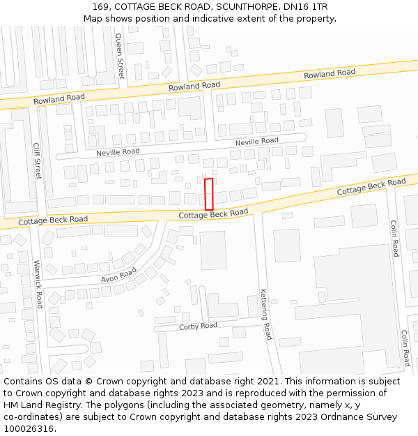 169, COTTAGE BECK ROAD, SCUNTHORPE, DN16 1TR: Location map and indicative extent of plot