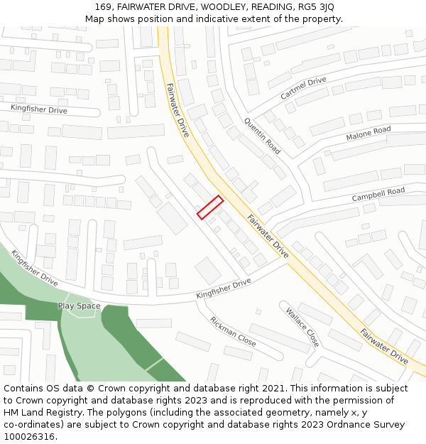 169, FAIRWATER DRIVE, WOODLEY, READING, RG5 3JQ: Location map and indicative extent of plot
