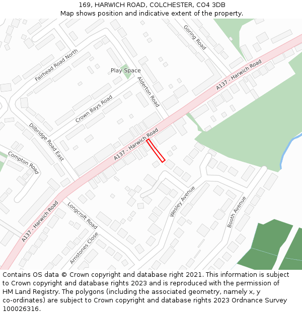 169, HARWICH ROAD, COLCHESTER, CO4 3DB: Location map and indicative extent of plot