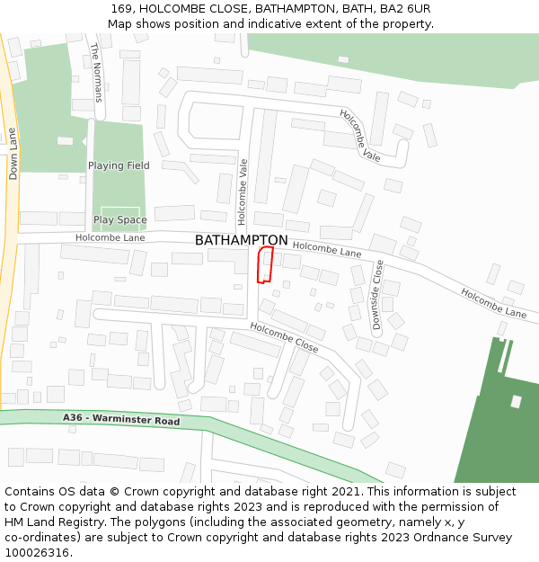 169, HOLCOMBE CLOSE, BATHAMPTON, BATH, BA2 6UR: Location map and indicative extent of plot