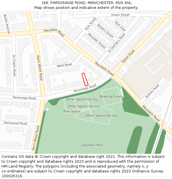 169, PARSONAGE ROAD, MANCHESTER, M20 4NL: Location map and indicative extent of plot