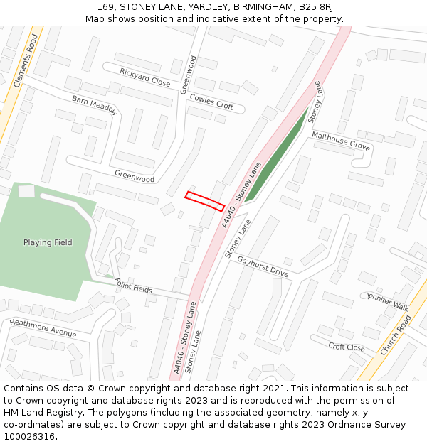 169, STONEY LANE, YARDLEY, BIRMINGHAM, B25 8RJ: Location map and indicative extent of plot