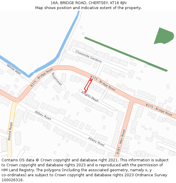 16A, BRIDGE ROAD, CHERTSEY, KT16 8JN: Location map and indicative extent of plot