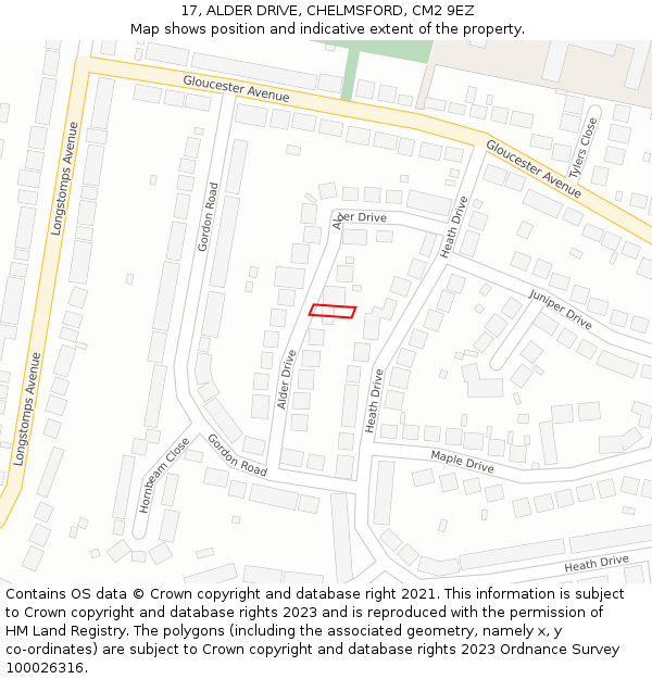 17, ALDER DRIVE, CHELMSFORD, CM2 9EZ: Location map and indicative extent of plot