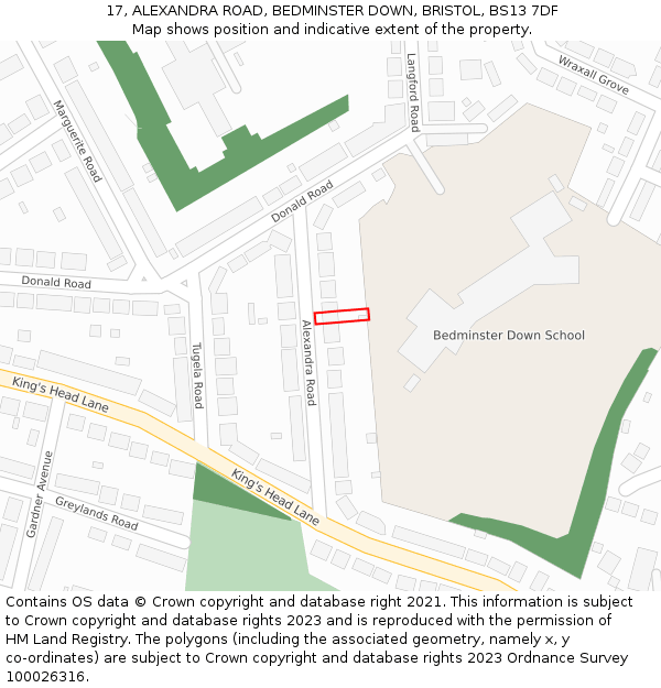 17, ALEXANDRA ROAD, BEDMINSTER DOWN, BRISTOL, BS13 7DF: Location map and indicative extent of plot