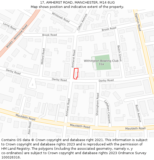 17, AMHERST ROAD, MANCHESTER, M14 6UG: Location map and indicative extent of plot