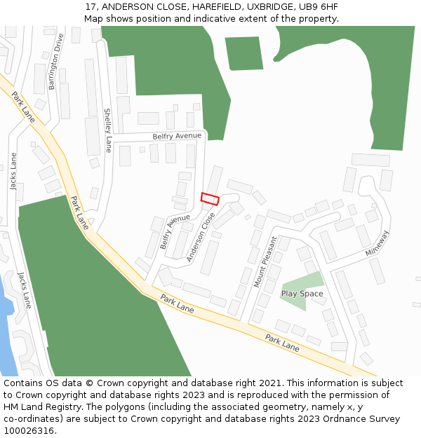 17, ANDERSON CLOSE, HAREFIELD, UXBRIDGE, UB9 6HF: Location map and indicative extent of plot