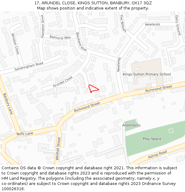 17, ARUNDEL CLOSE, KINGS SUTTON, BANBURY, OX17 3QZ: Location map and indicative extent of plot