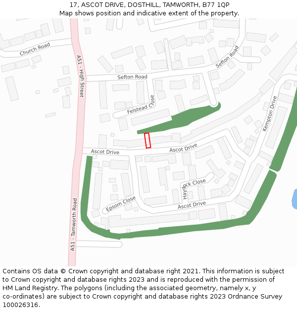 17, ASCOT DRIVE, DOSTHILL, TAMWORTH, B77 1QP: Location map and indicative extent of plot