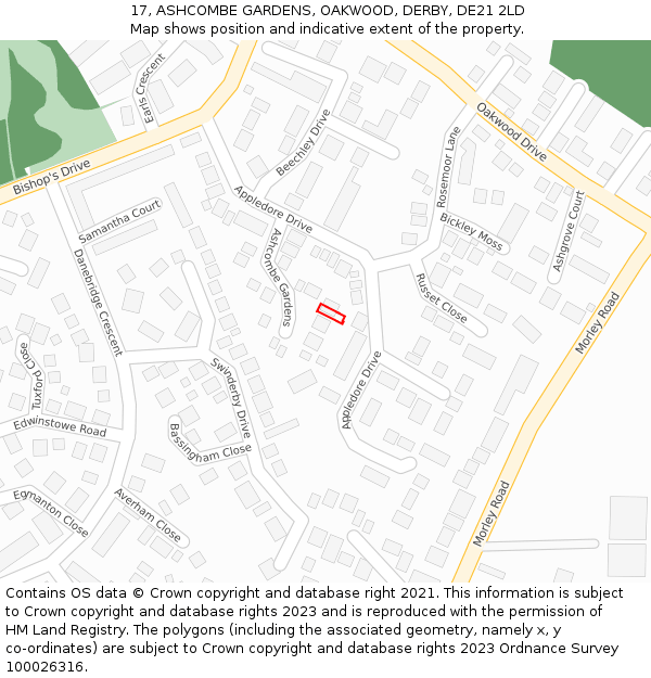17, ASHCOMBE GARDENS, OAKWOOD, DERBY, DE21 2LD: Location map and indicative extent of plot