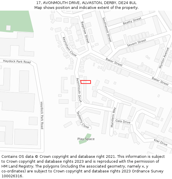 17, AVONMOUTH DRIVE, ALVASTON, DERBY, DE24 8UL: Location map and indicative extent of plot