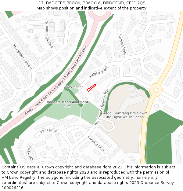 17, BADGERS BROOK, BRACKLA, BRIDGEND, CF31 2QS: Location map and indicative extent of plot