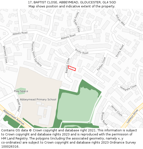17, BAPTIST CLOSE, ABBEYMEAD, GLOUCESTER, GL4 5GD: Location map and indicative extent of plot