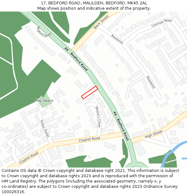 17, BEDFORD ROAD, MAULDEN, BEDFORD, MK45 2AL: Location map and indicative extent of plot
