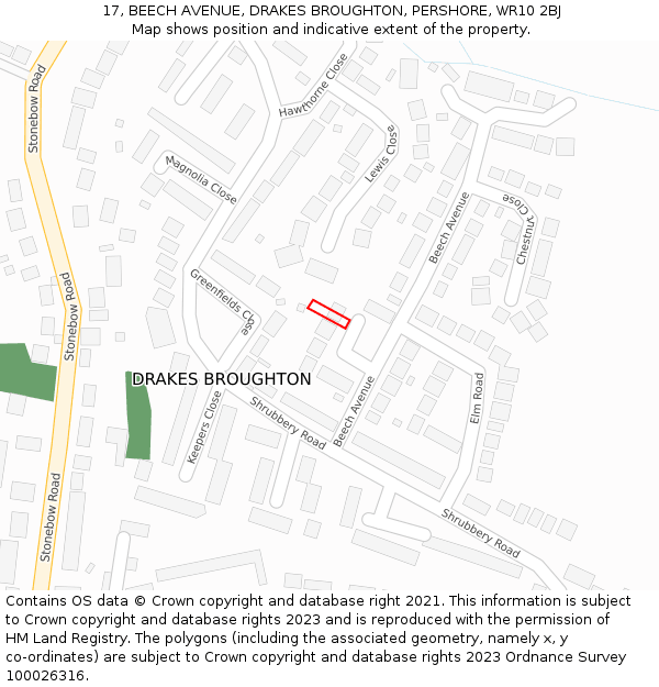 17, BEECH AVENUE, DRAKES BROUGHTON, PERSHORE, WR10 2BJ: Location map and indicative extent of plot
