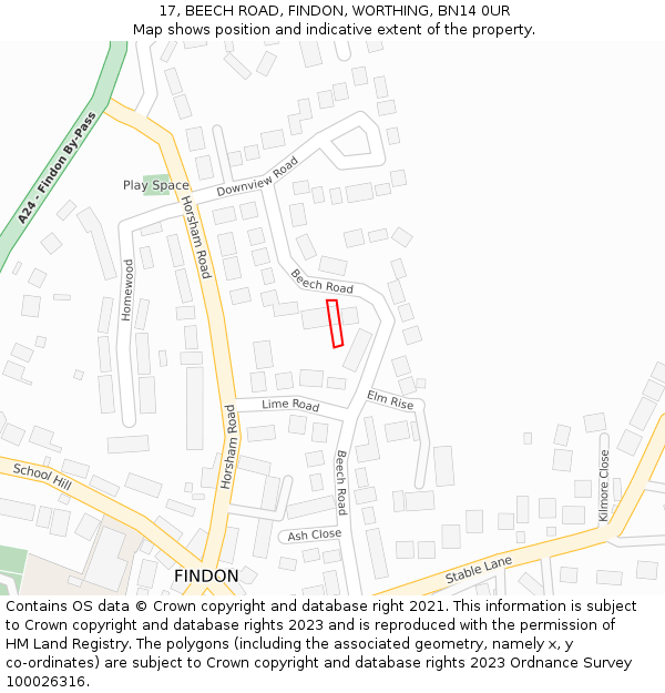 17, BEECH ROAD, FINDON, WORTHING, BN14 0UR: Location map and indicative extent of plot