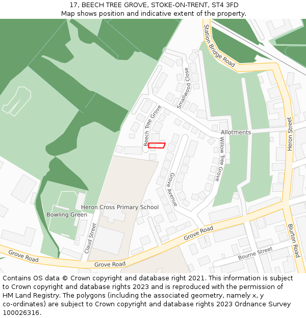 17, BEECH TREE GROVE, STOKE-ON-TRENT, ST4 3FD: Location map and indicative extent of plot