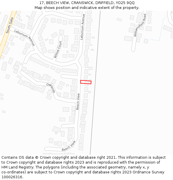 17, BEECH VIEW, CRANSWICK, DRIFFIELD, YO25 9QQ: Location map and indicative extent of plot