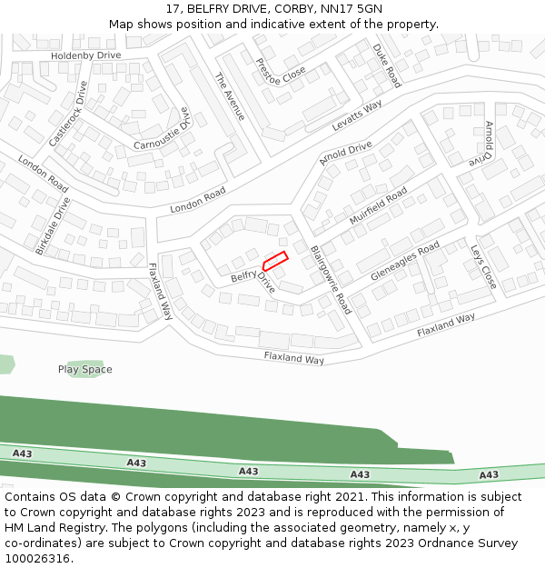 17, BELFRY DRIVE, CORBY, NN17 5GN: Location map and indicative extent of plot