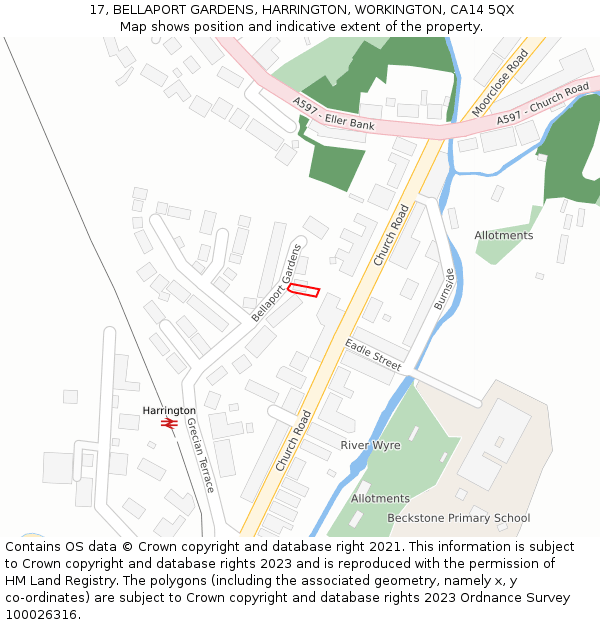 17, BELLAPORT GARDENS, HARRINGTON, WORKINGTON, CA14 5QX: Location map and indicative extent of plot