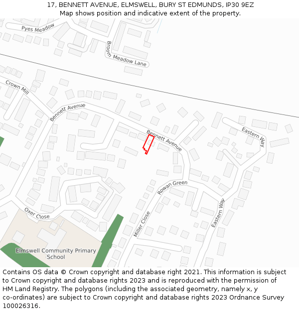 17, BENNETT AVENUE, ELMSWELL, BURY ST EDMUNDS, IP30 9EZ: Location map and indicative extent of plot