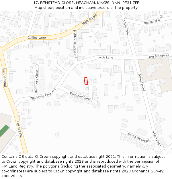17, BENSTEAD CLOSE, HEACHAM, KING'S LYNN, PE31 7FB: Location map and indicative extent of plot